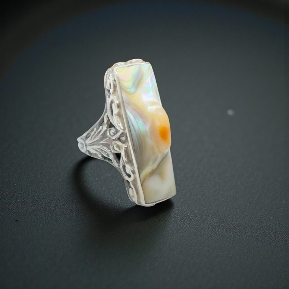Vintage Art Deco Sterling Rectangular Abalone Blister Pearl Ring - Picture 7 of 14